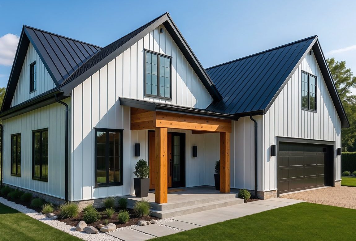 Modern farmhouse exterior with vertical board-and-batten steel siding, black windows, warm wood accents, realistic luxury residential photography, bright natural sunlight